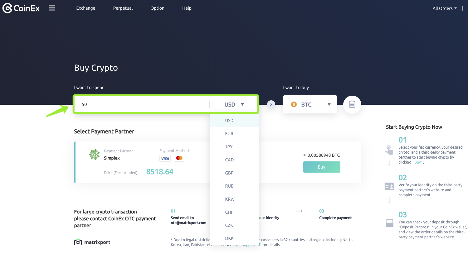Kif tixtri Crypto minn Simplex f'CoinEx