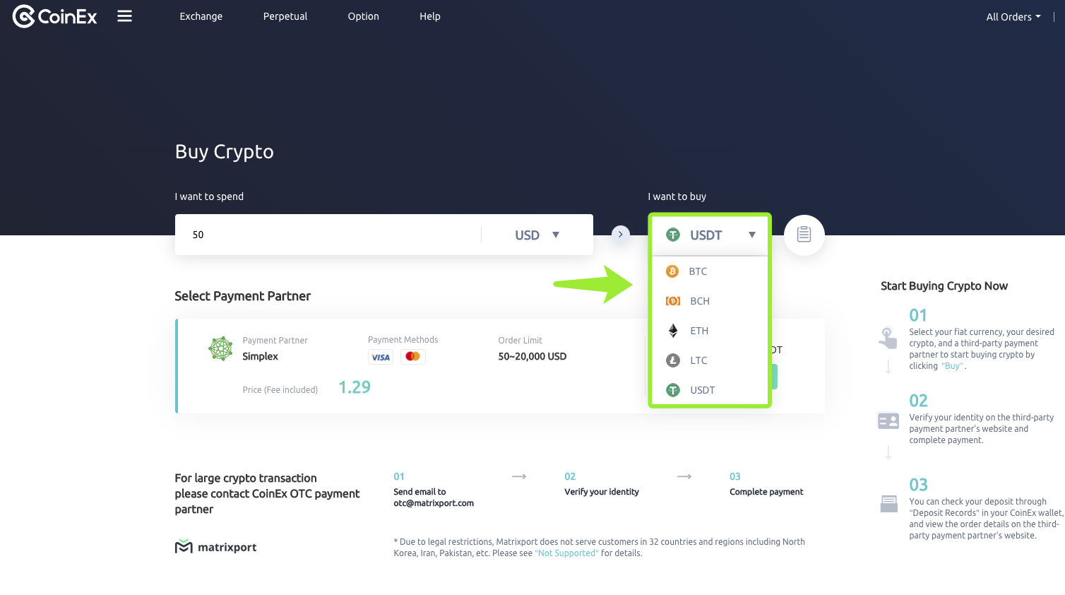 Kif tixtri Crypto minn Simplex f'CoinEx