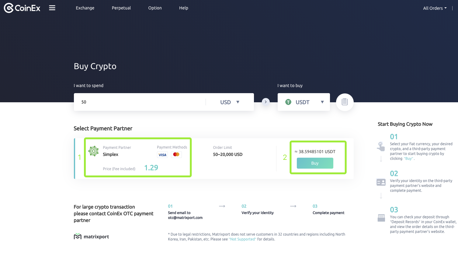 Kif tixtri Crypto minn Simplex f'CoinEx